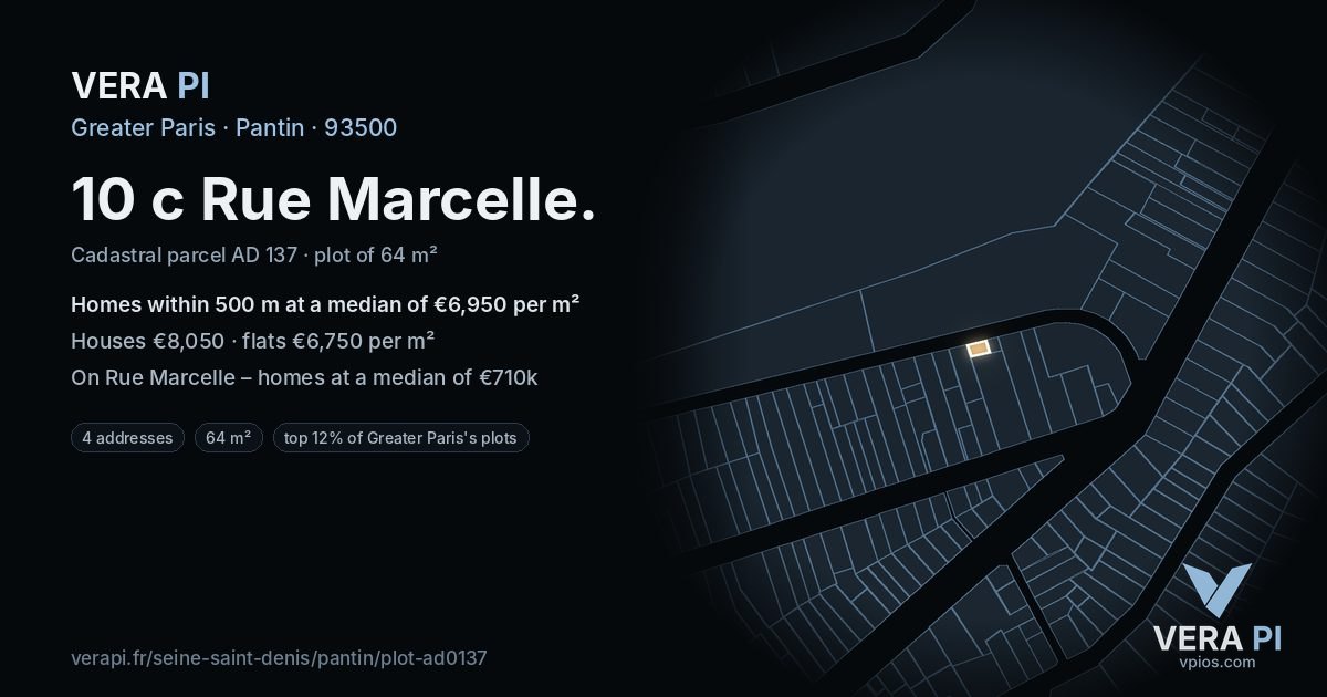 10 c Rue Marcelle, Pantin at night – the plot lit, the parcels around coloured by the prices near them