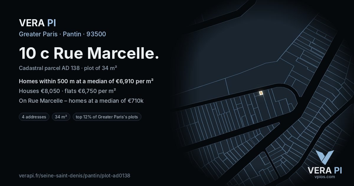 10 c Rue Marcelle, Pantin at night – the plot lit, the parcels around coloured by the prices near them