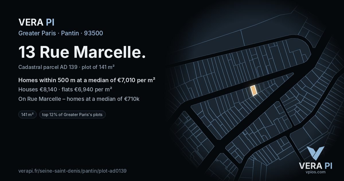 13 Rue Marcelle, Pantin at night – the plot lit, the parcels around coloured by the prices near them