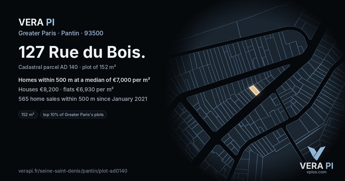127 Rue du Bois, Pantin at night – the plot lit, the parcels around coloured by the prices near them