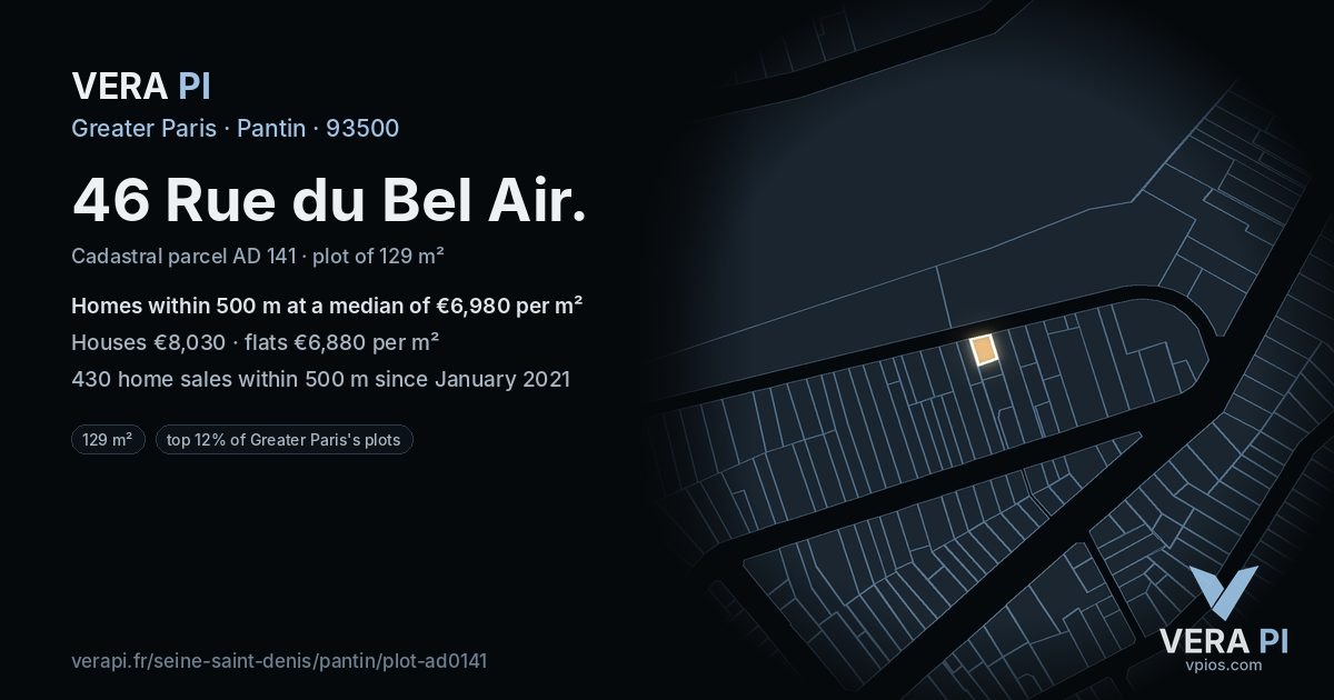 46 Rue du Bel Air, Pantin at night – the plot lit, the parcels around coloured by the prices near them