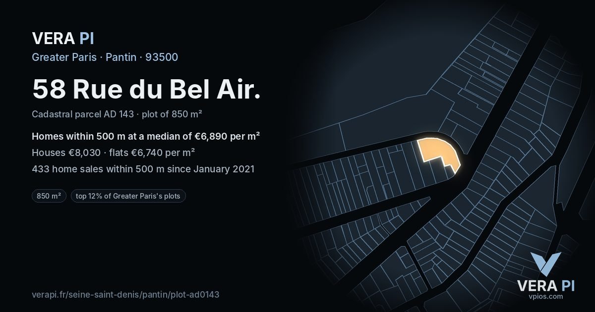 58 Rue du Bel Air, Pantin at night – the plot lit, the parcels around coloured by the prices near them