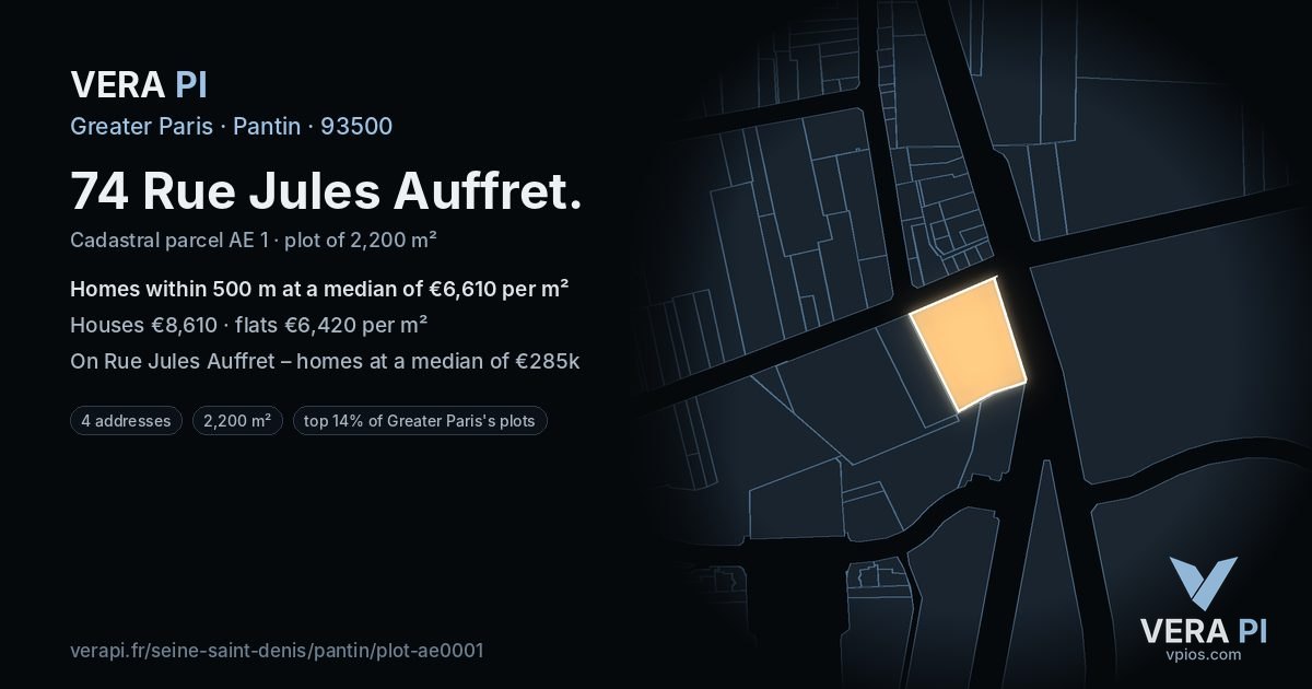 74 Rue Jules Auffret, Pantin at night – the plot lit, the parcels around coloured by the prices near them