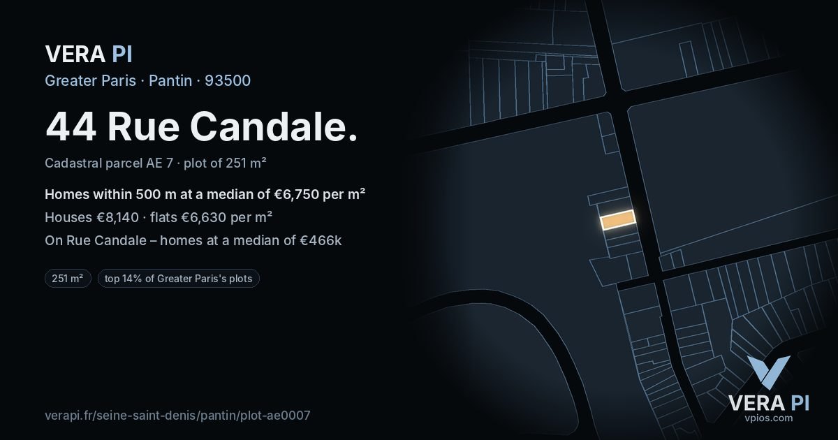 44 Rue Candale, Pantin at night – the plot lit, the parcels around coloured by the prices near them