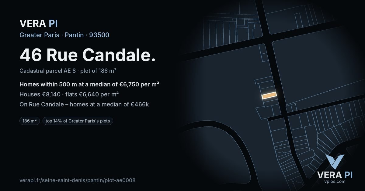 46 Rue Candale, Pantin at night – the plot lit, the parcels around coloured by the prices near them