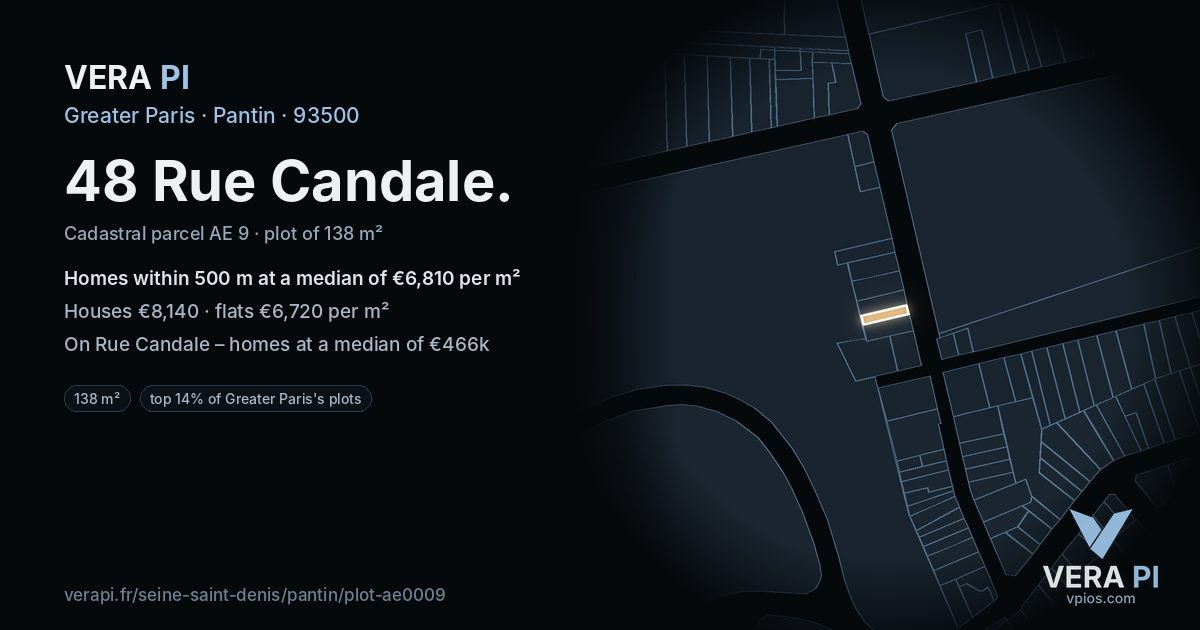 48 Rue Candale, Pantin at night – the plot lit, the parcels around coloured by the prices near them