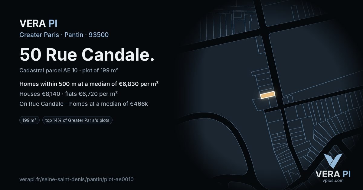 50 Rue Candale, Pantin at night – the plot lit, the parcels around coloured by the prices near them