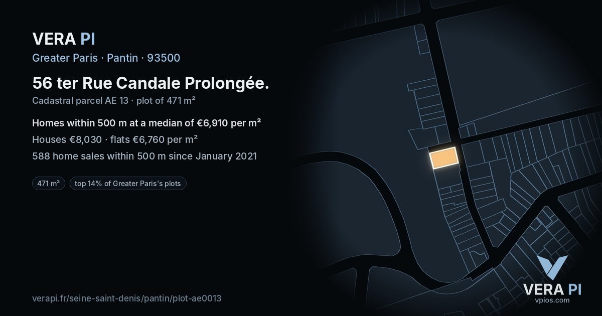 56 ter Rue Candale Prolongée, Pantin at night – the plot lit, the parcels around coloured by the prices near them