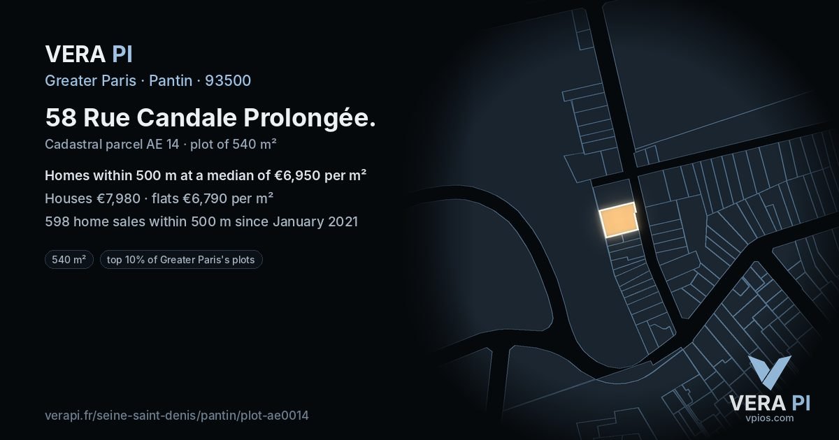 58 Rue Candale Prolongée, Pantin at night – the plot lit, the parcels around coloured by the prices near them