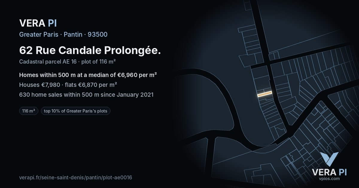 62 Rue Candale Prolongée, Pantin at night – the plot lit, the parcels around coloured by the prices near them