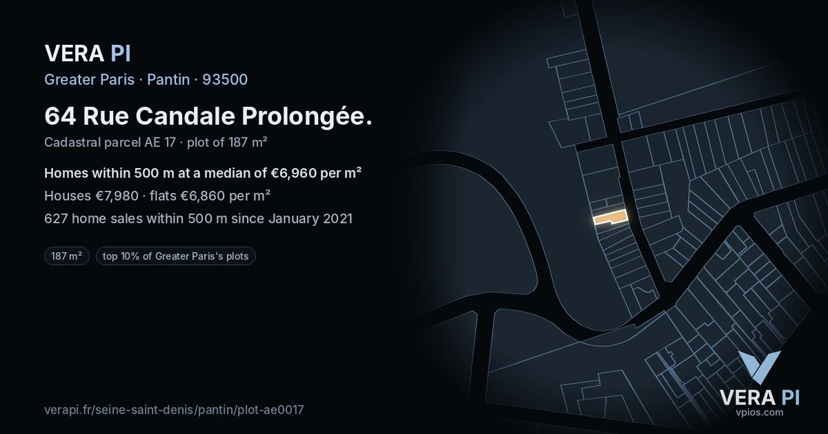 64 Rue Candale Prolongée, Pantin at night – the plot lit, the parcels around coloured by the prices near them