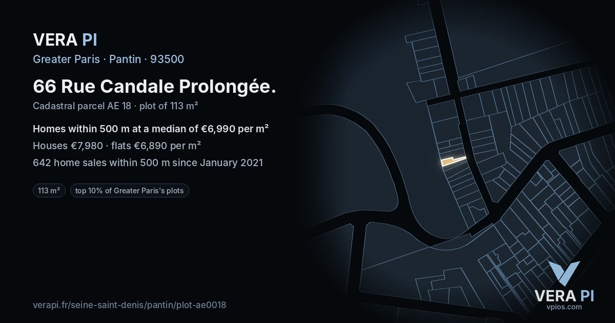 66 Rue Candale Prolongée, Pantin at night – the plot lit, the parcels around coloured by the prices near them