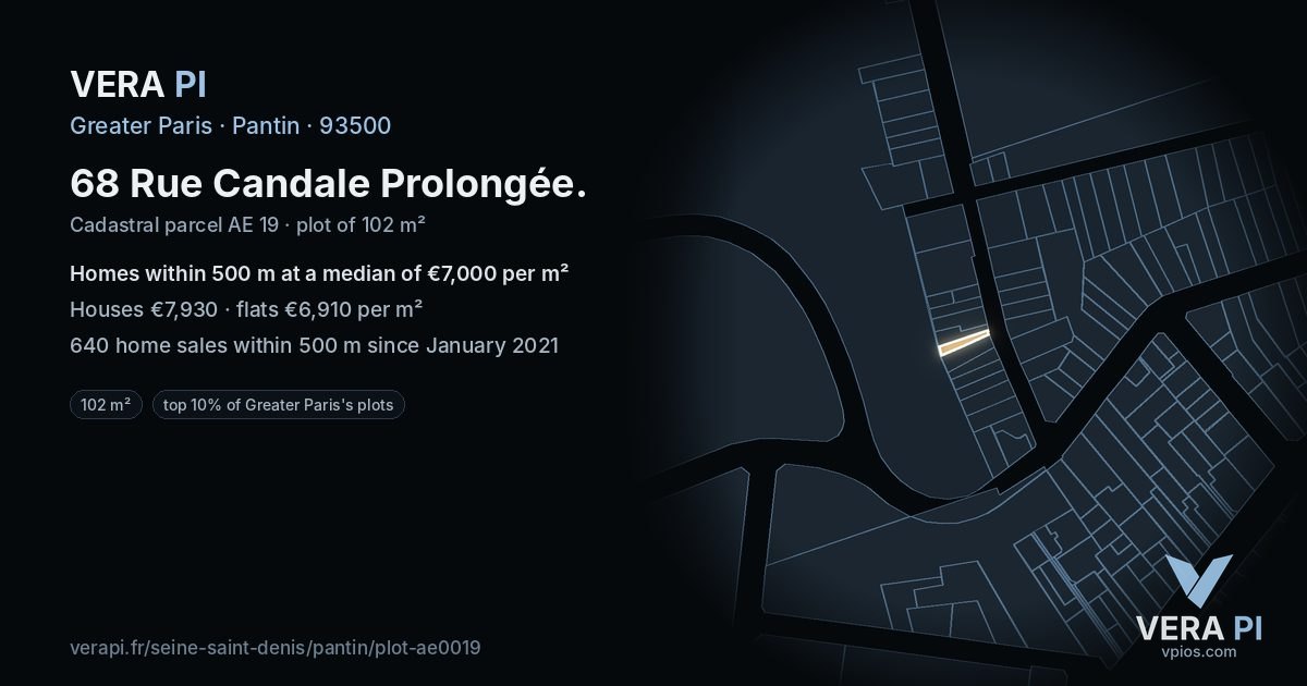 68 Rue Candale Prolongée, Pantin at night – the plot lit, the parcels around coloured by the prices near them