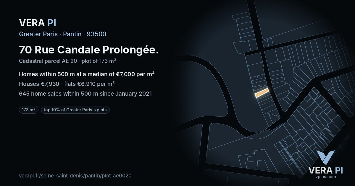 70 Rue Candale Prolongée, Pantin at night – the plot lit, the parcels around coloured by the prices near them