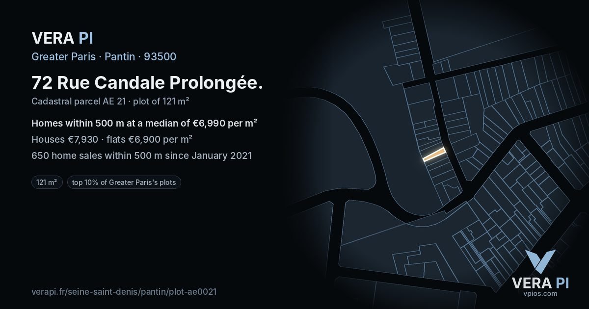 72 Rue Candale Prolongée, Pantin at night – the plot lit, the parcels around coloured by the prices near them