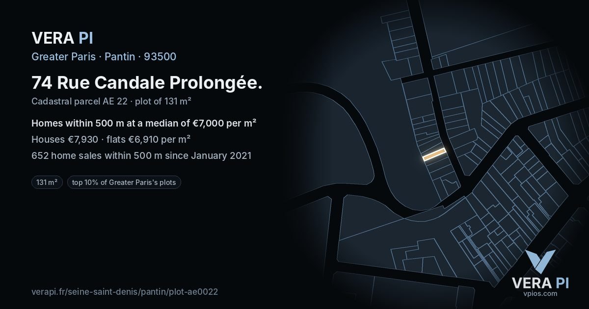 74 Rue Candale Prolongée, Pantin at night – the plot lit, the parcels around coloured by the prices near them