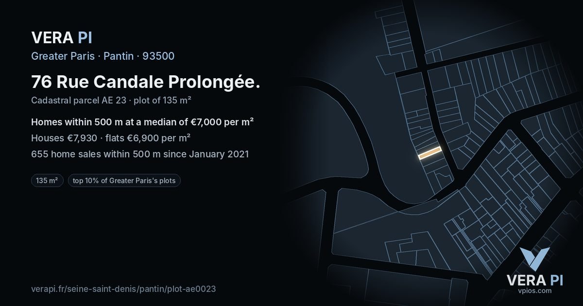76 Rue Candale Prolongée, Pantin at night – the plot lit, the parcels around coloured by the prices near them