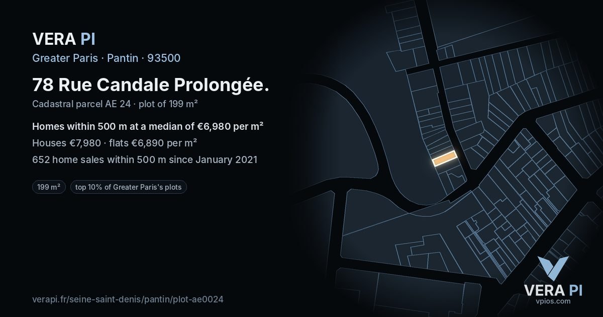 78 Rue Candale Prolongée, Pantin at night – the plot lit, the parcels around coloured by the prices near them