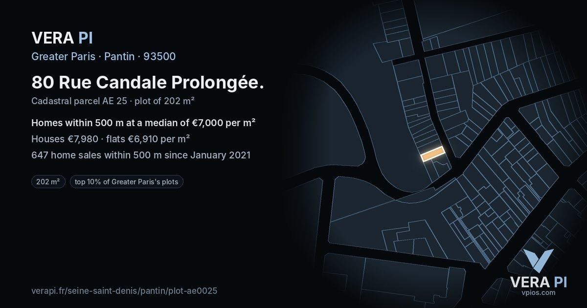 80 Rue Candale Prolongée, Pantin at night – the plot lit, the parcels around coloured by the prices near them