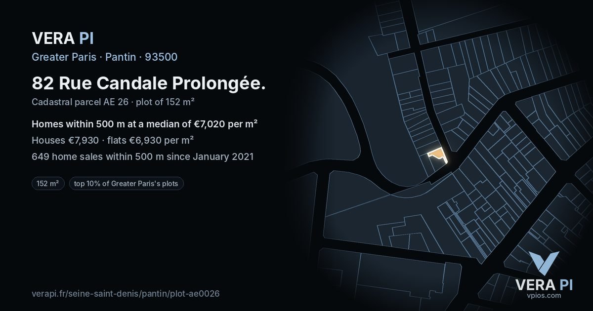 82 Rue Candale Prolongée, Pantin at night – the plot lit, the parcels around coloured by the prices near them