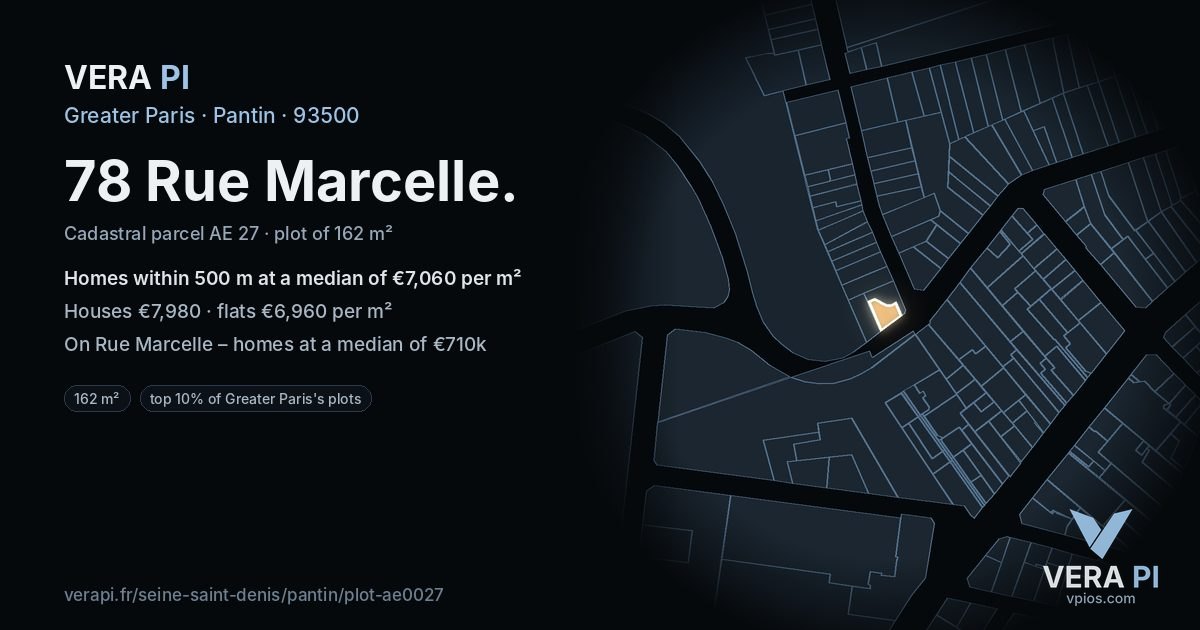 78 Rue Marcelle, Pantin at night – the plot lit, the parcels around coloured by the prices near them