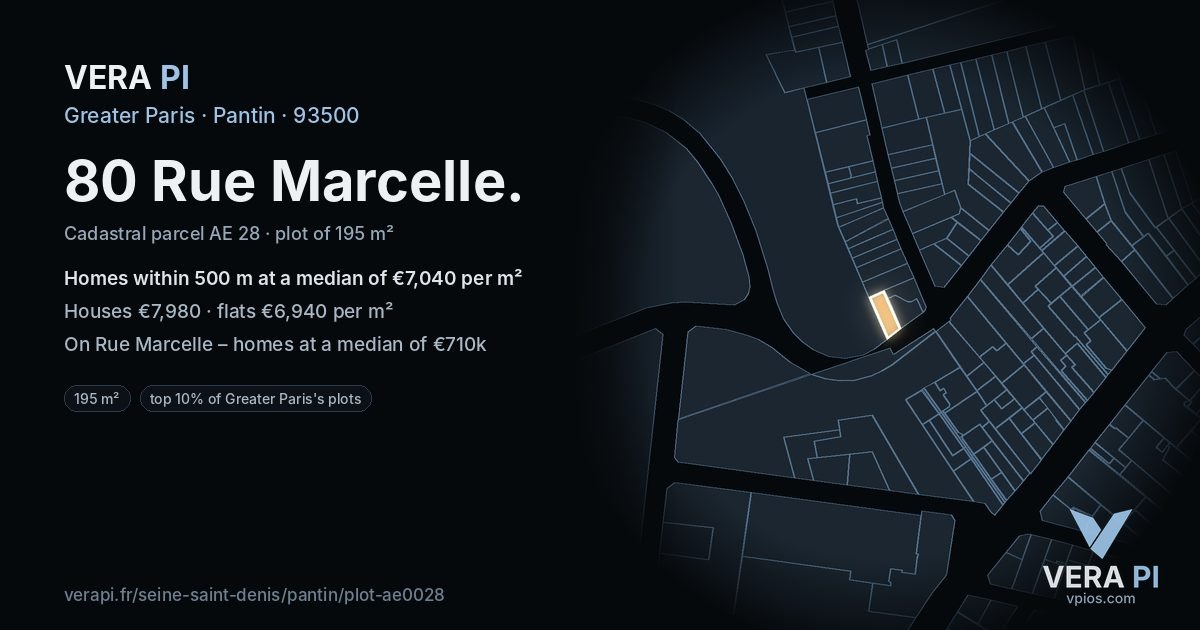 80 Rue Marcelle, Pantin at night – the plot lit, the parcels around coloured by the prices near them