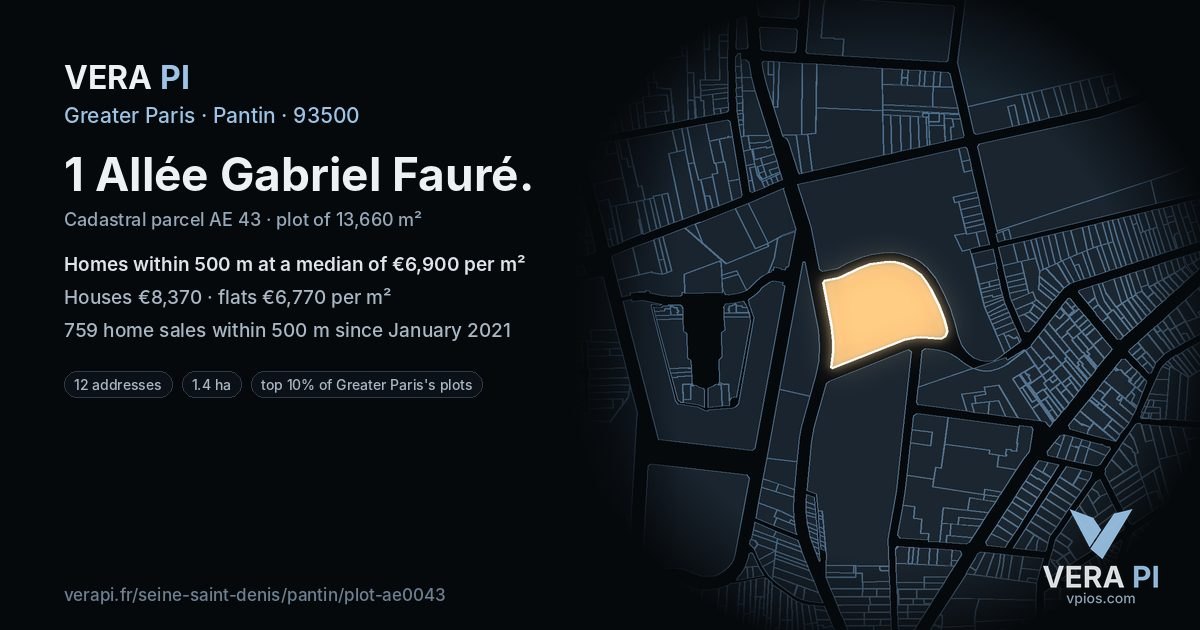 1 Allée Gabriel Fauré, Pantin at night – the plot lit, the parcels around coloured by the prices near them