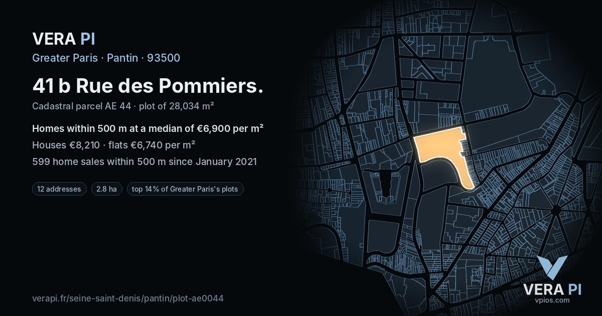 41 b Rue des Pommiers, Pantin at night – the plot lit, the parcels around coloured by the prices near them