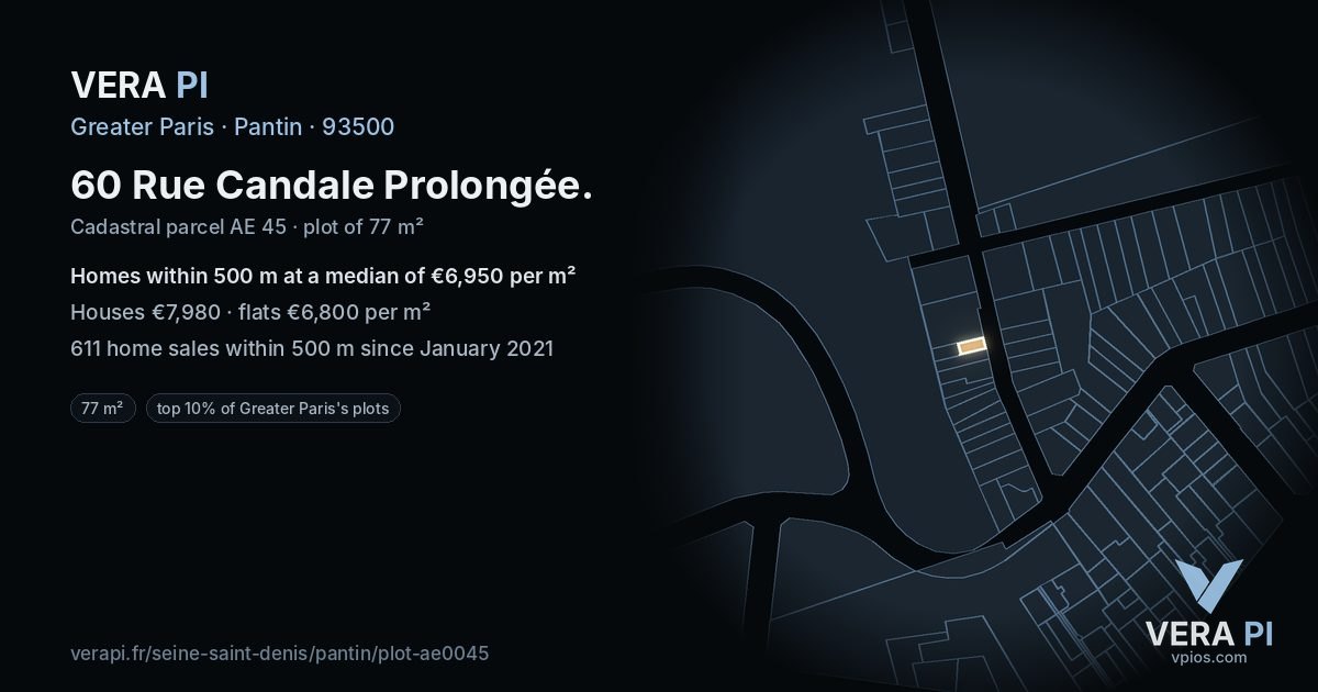 60 Rue Candale Prolongée, Pantin at night – the plot lit, the parcels around coloured by the prices near them