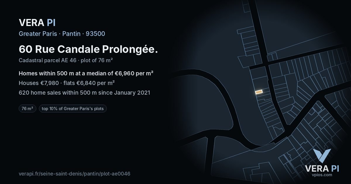 60 Rue Candale Prolongée, Pantin at night – the plot lit, the parcels around coloured by the prices near them