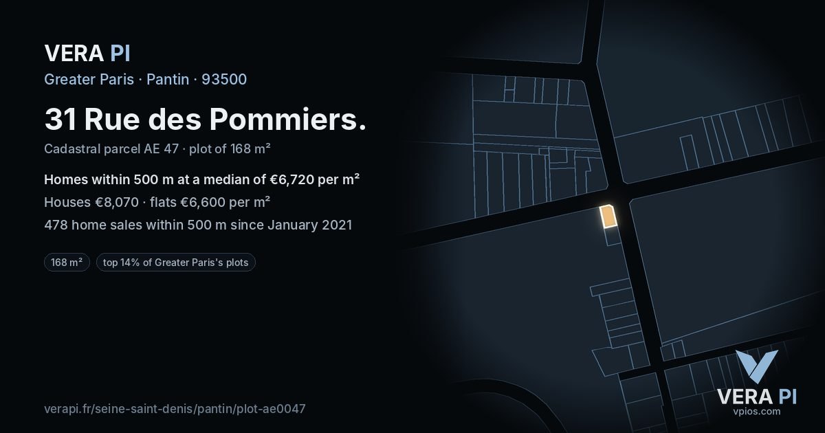 31 Rue des Pommiers, Pantin at night – the plot lit, the parcels around coloured by the prices near them