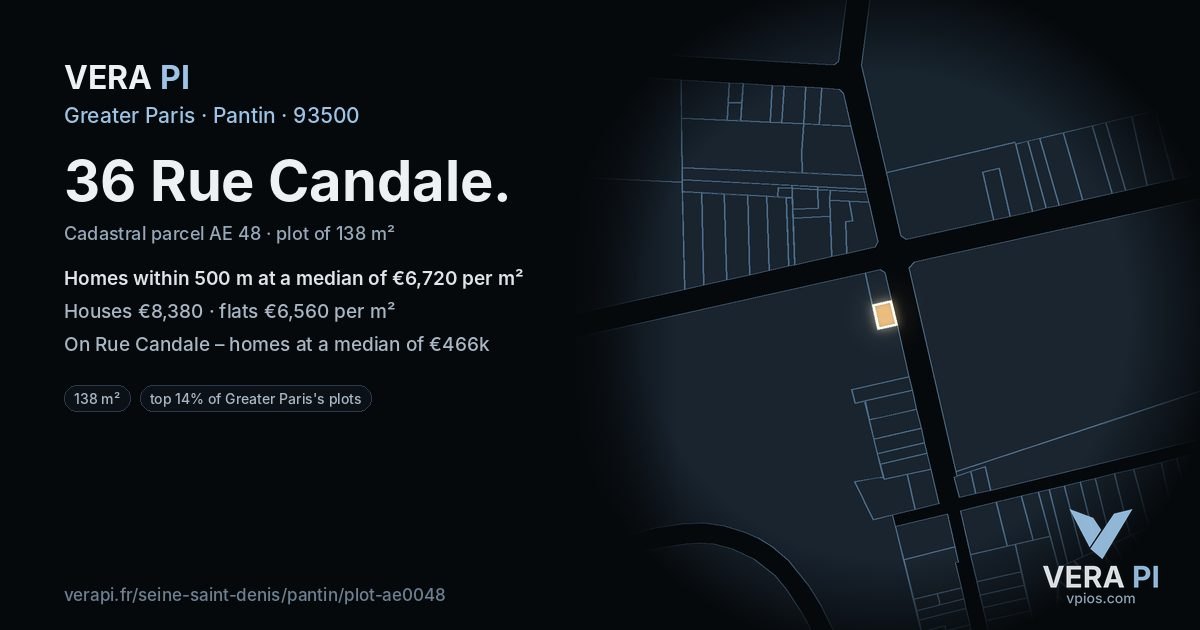 36 Rue Candale, Pantin at night – the plot lit, the parcels around coloured by the prices near them