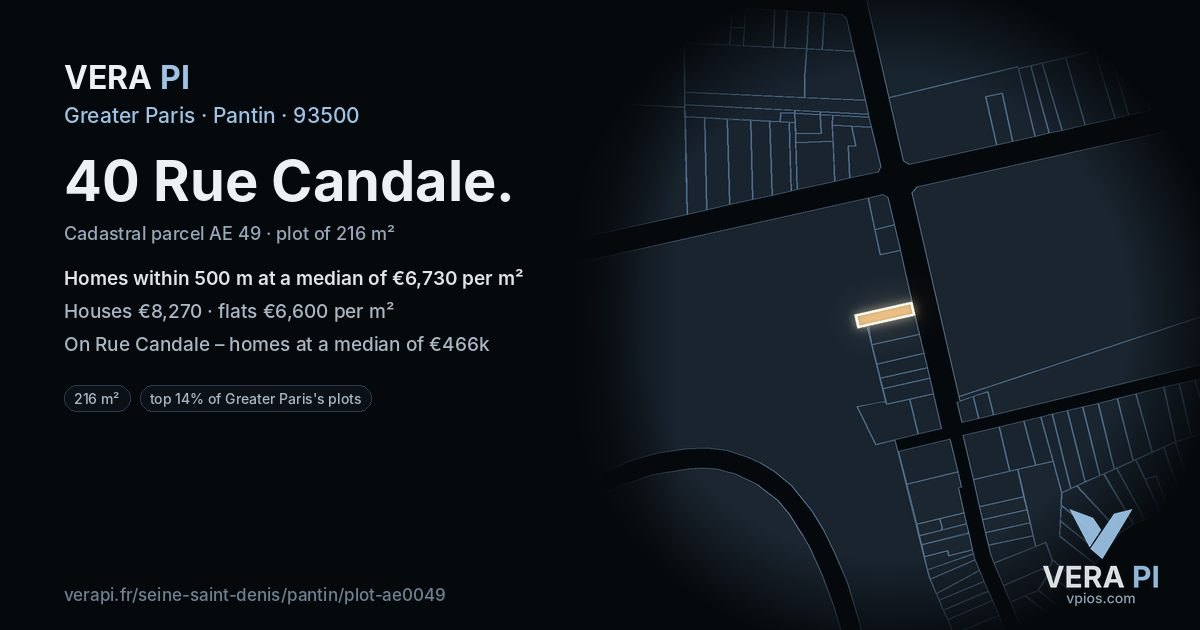 40 Rue Candale, Pantin at night – the plot lit, the parcels around coloured by the prices near them