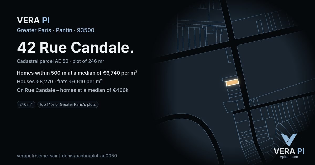 42 Rue Candale, Pantin at night – the plot lit, the parcels around coloured by the prices near them