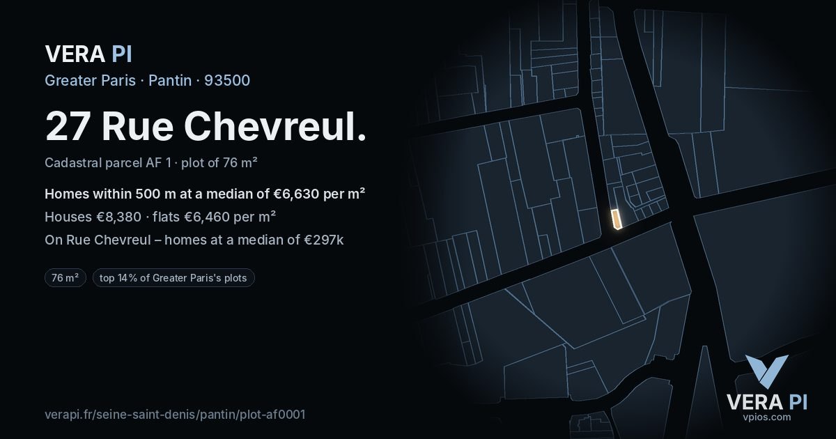 27 Rue Chevreul, Pantin at night – the plot lit, the parcels around coloured by the prices near them