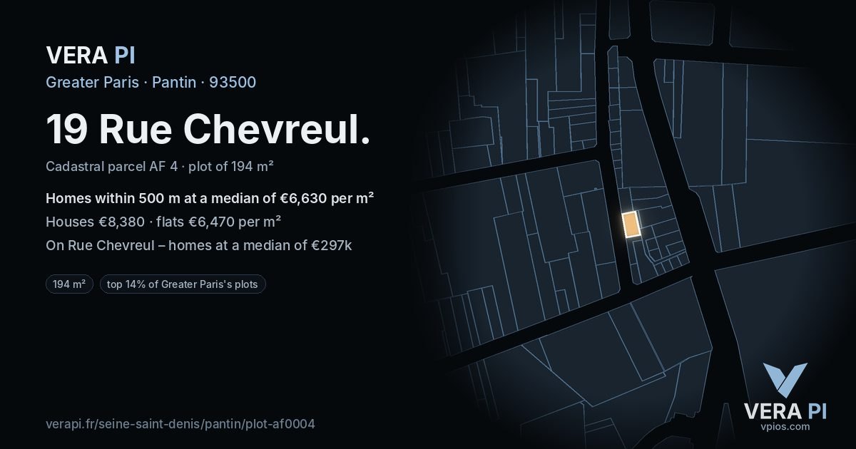 19 Rue Chevreul, Pantin at night – the plot lit, the parcels around coloured by the prices near them