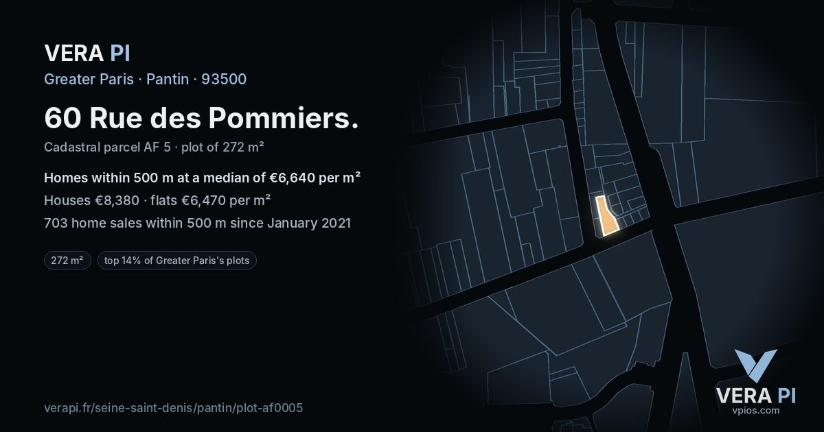 60 Rue des Pommiers, Pantin at night – the plot lit, the parcels around coloured by the prices near them