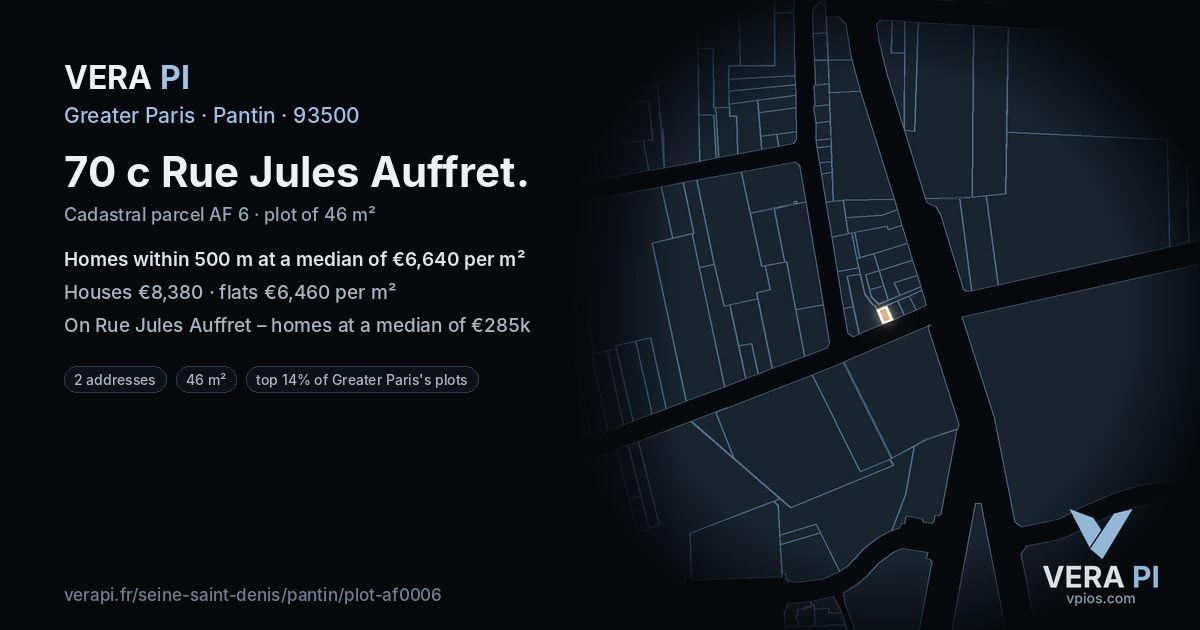 70 c Rue Jules Auffret, Pantin at night – the plot lit, the parcels around coloured by the prices near them