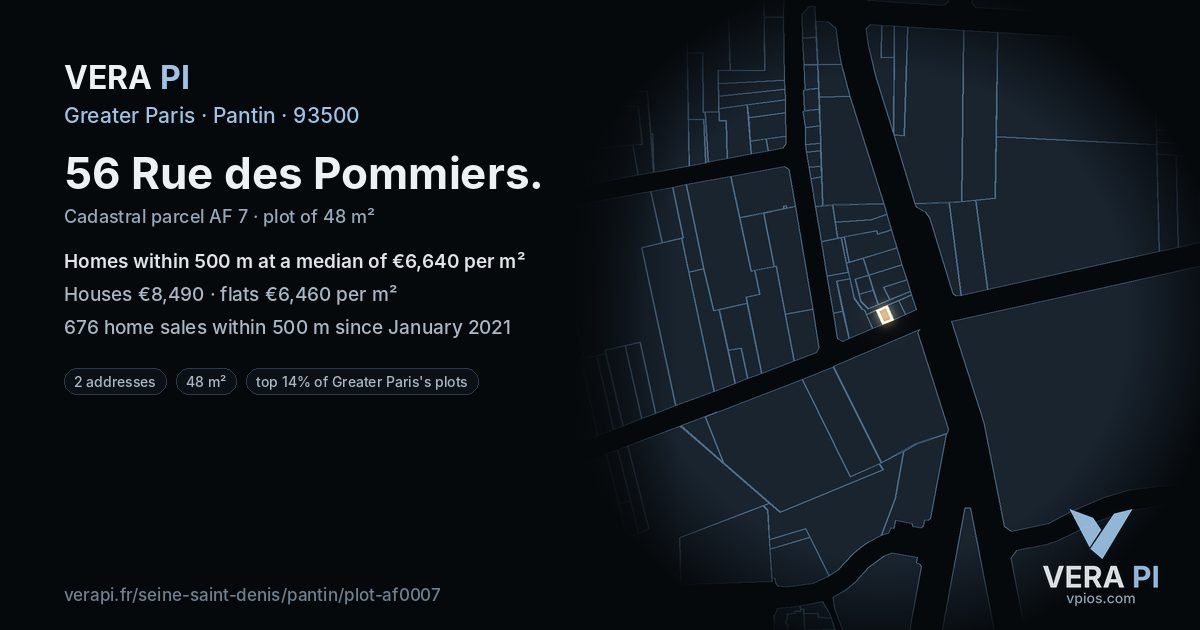 56 Rue des Pommiers, Pantin at night – the plot lit, the parcels around coloured by the prices near them
