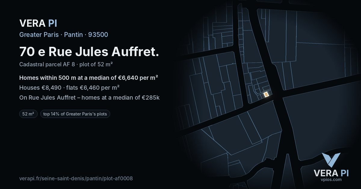70 e Rue Jules Auffret, Pantin at night – the plot lit, the parcels around coloured by the prices near them