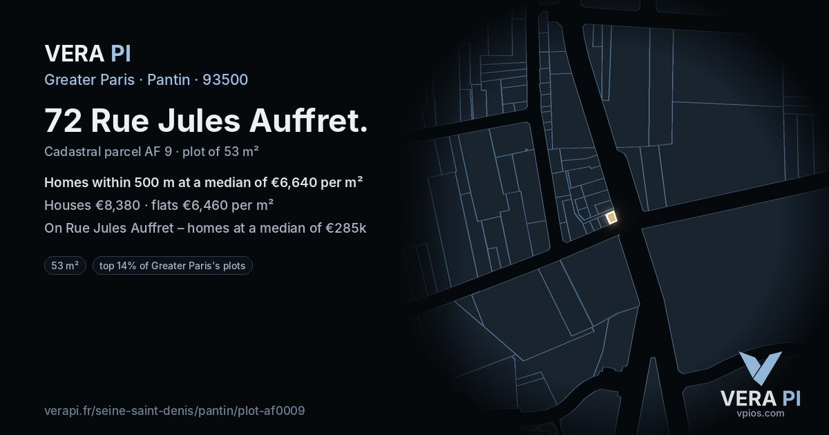 72 Rue Jules Auffret, Pantin at night – the plot lit, the parcels around coloured by the prices near them