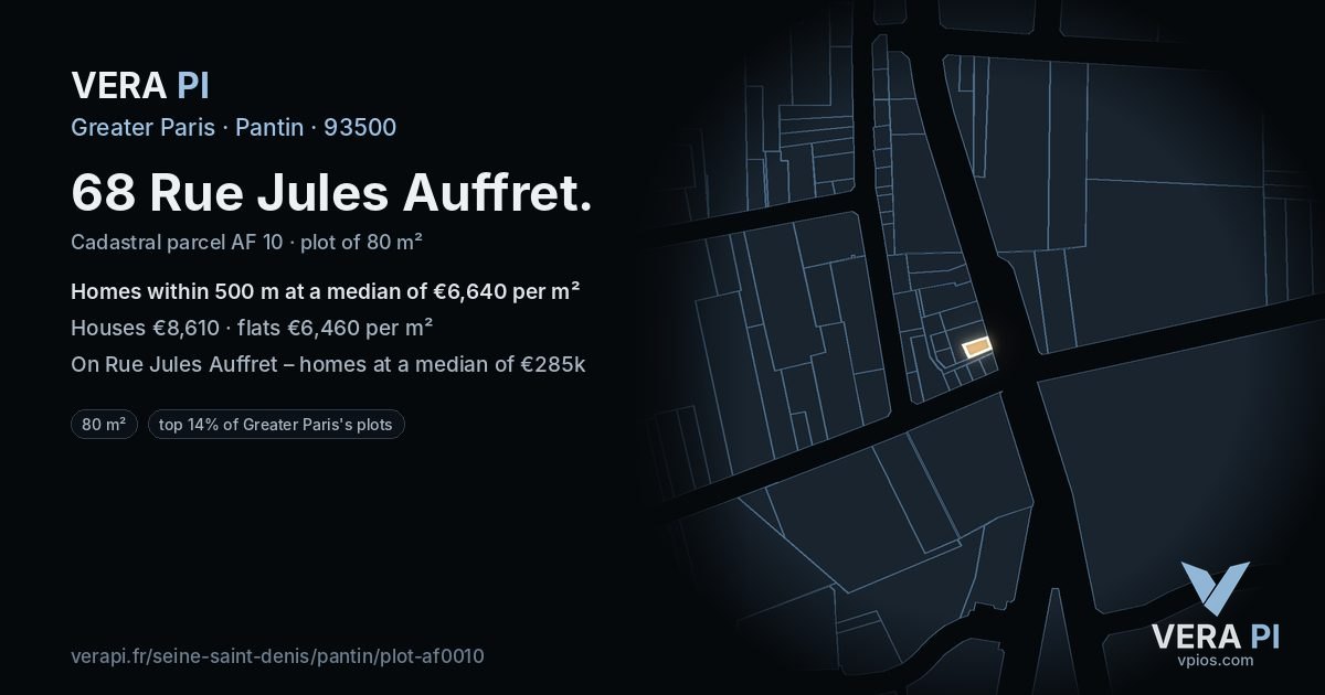 68 Rue Jules Auffret, Pantin at night – the plot lit, the parcels around coloured by the prices near them