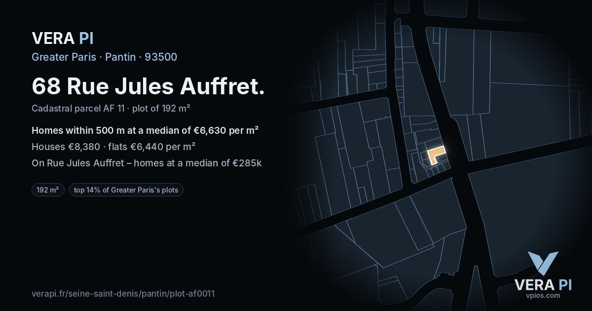 68 Rue Jules Auffret, Pantin at night – the plot lit, the parcels around coloured by the prices near them