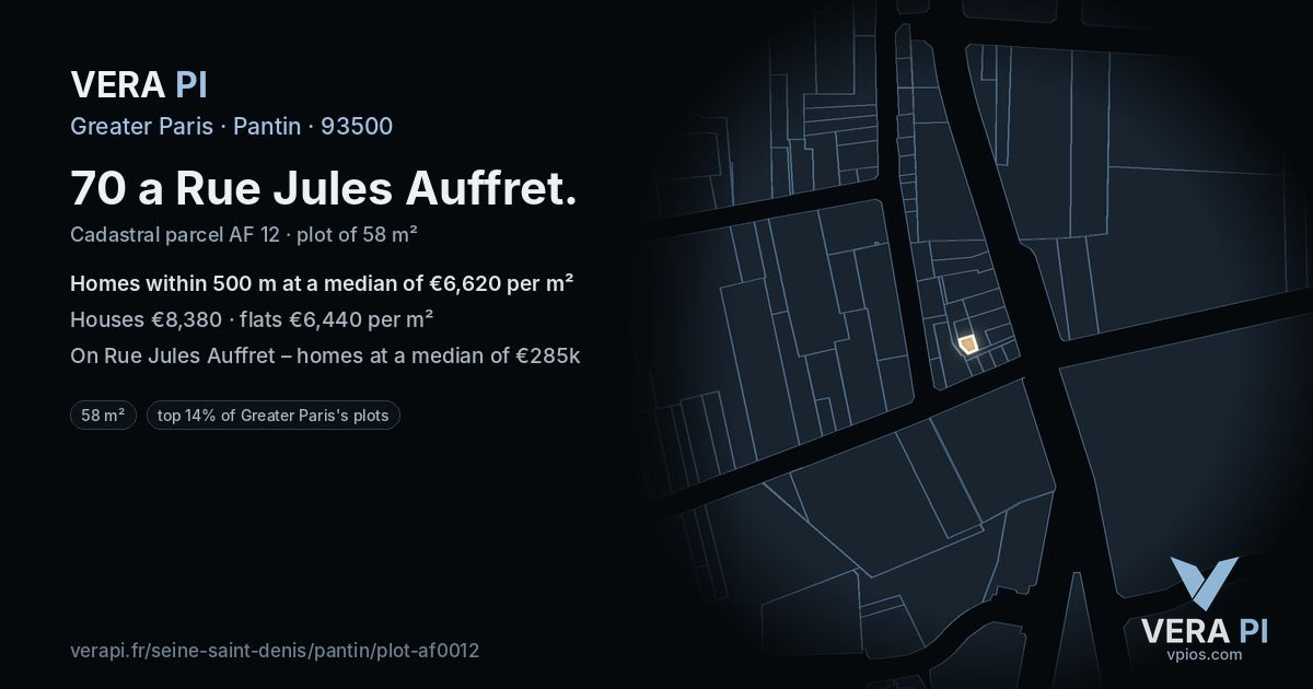70 a Rue Jules Auffret, Pantin at night – the plot lit, the parcels around coloured by the prices near them