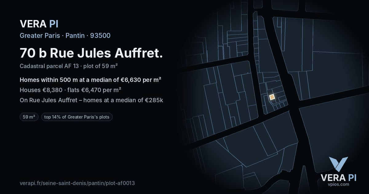 70 b Rue Jules Auffret, Pantin at night – the plot lit, the parcels around coloured by the prices near them