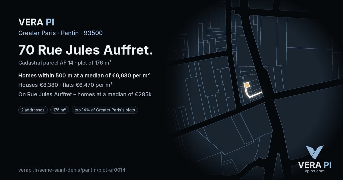 70 Rue Jules Auffret, Pantin at night – the plot lit, the parcels around coloured by the prices near them