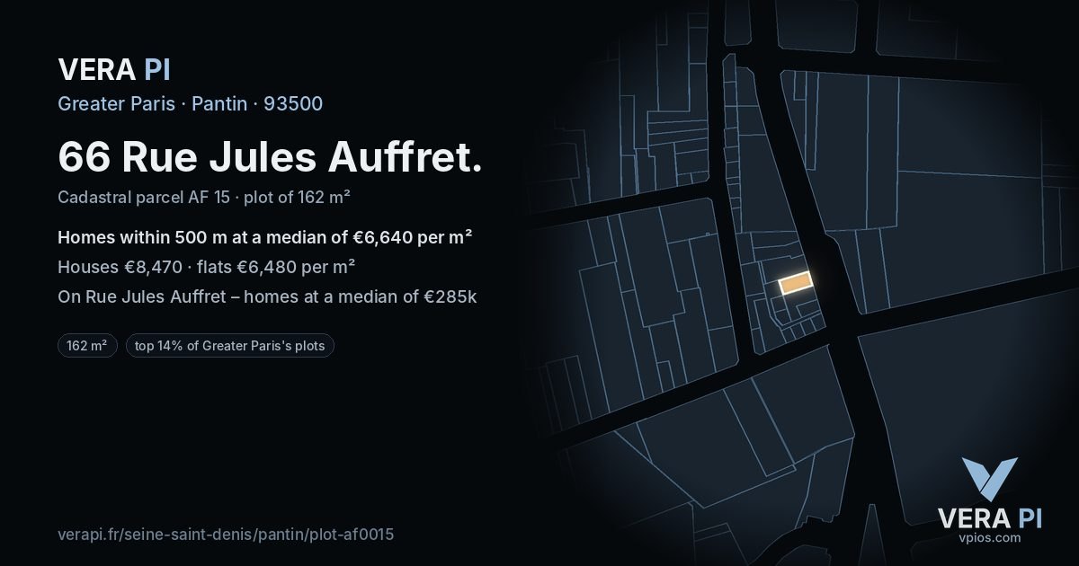 66 Rue Jules Auffret, Pantin at night – the plot lit, the parcels around coloured by the prices near them