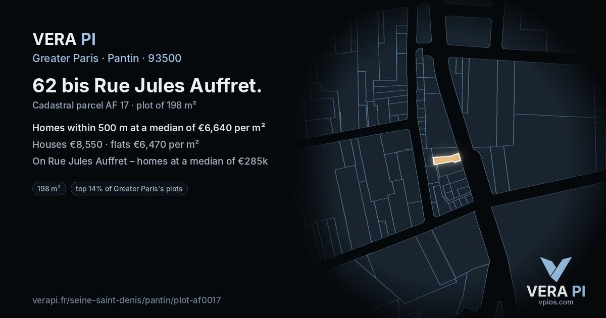 62 bis Rue Jules Auffret, Pantin at night – the plot lit, the parcels around coloured by the prices near them