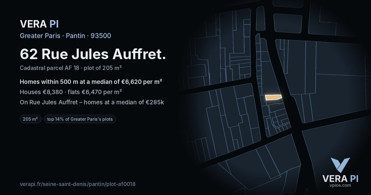 62 Rue Jules Auffret, Pantin at night – the plot lit, the parcels around coloured by the prices near them