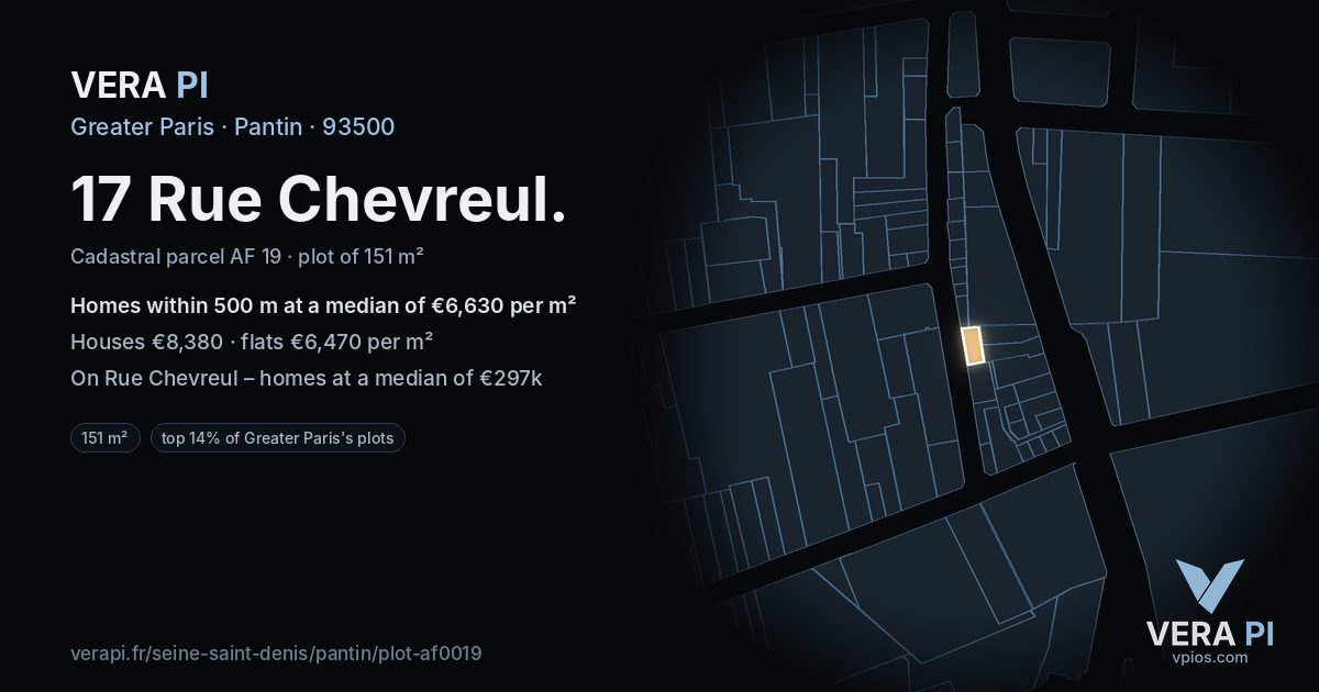 17 Rue Chevreul, Pantin at night – the plot lit, the parcels around coloured by the prices near them